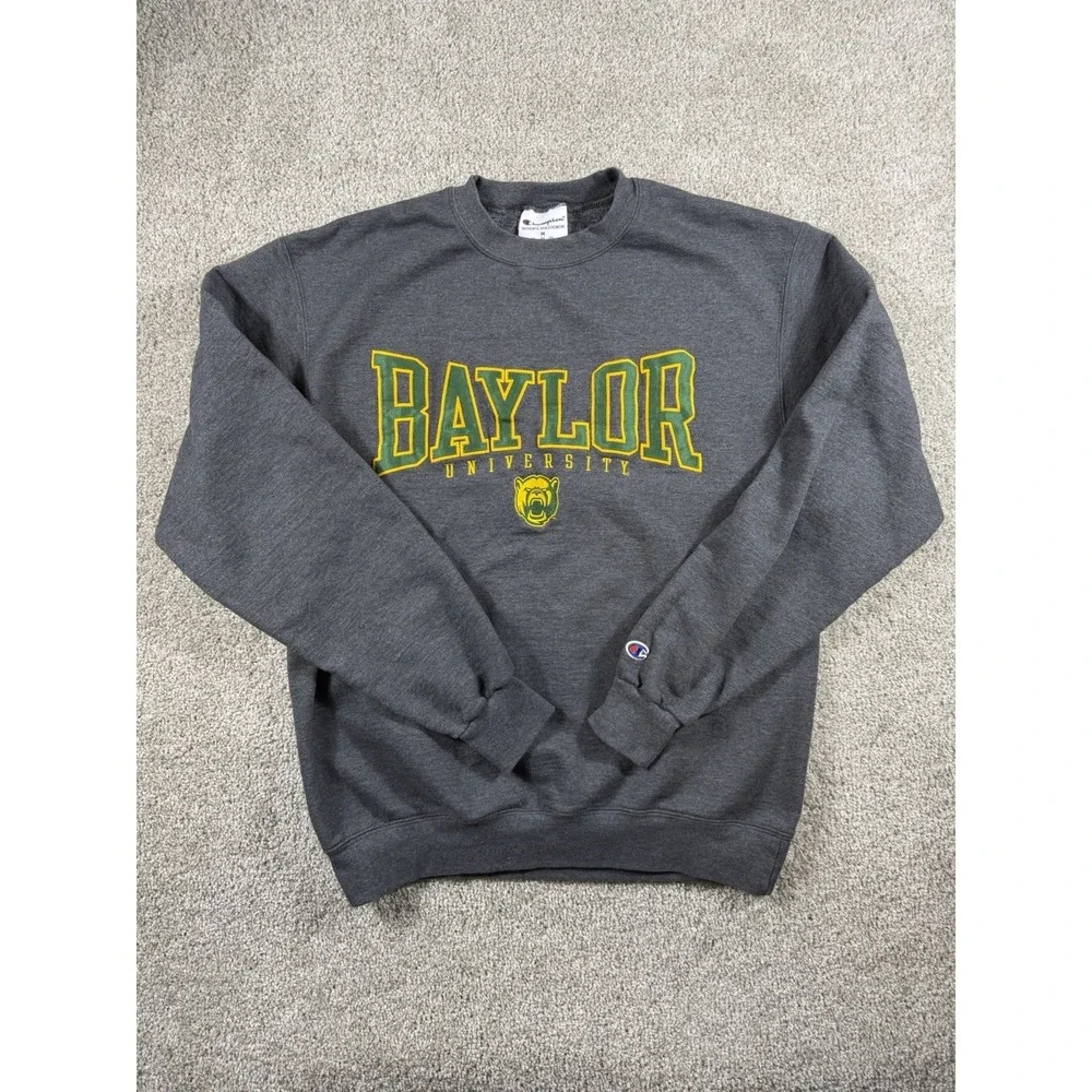 Champion Baylor University Bears Crewneck Sweatshirt Grey Yellow Green Size M